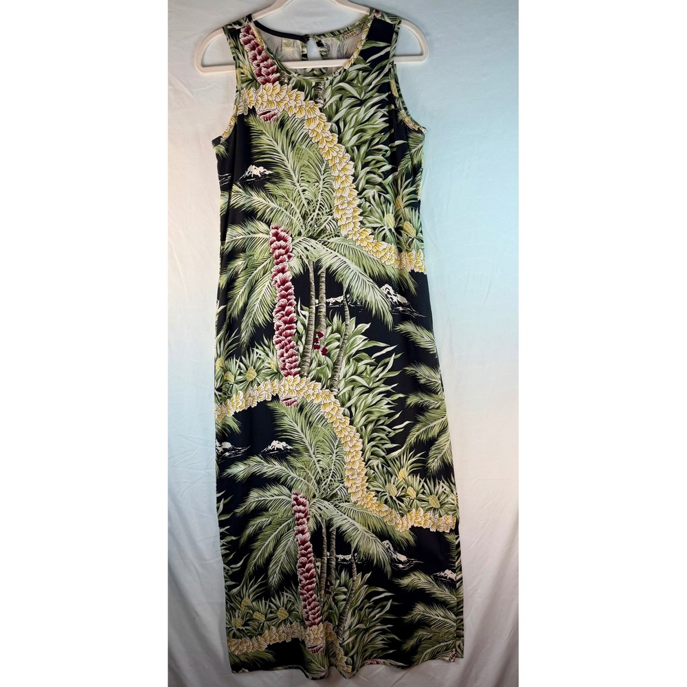 Tommy Bahama Womens 100% Silk Tropical Palm Lei Print‎ Maxi Dress Black Green S